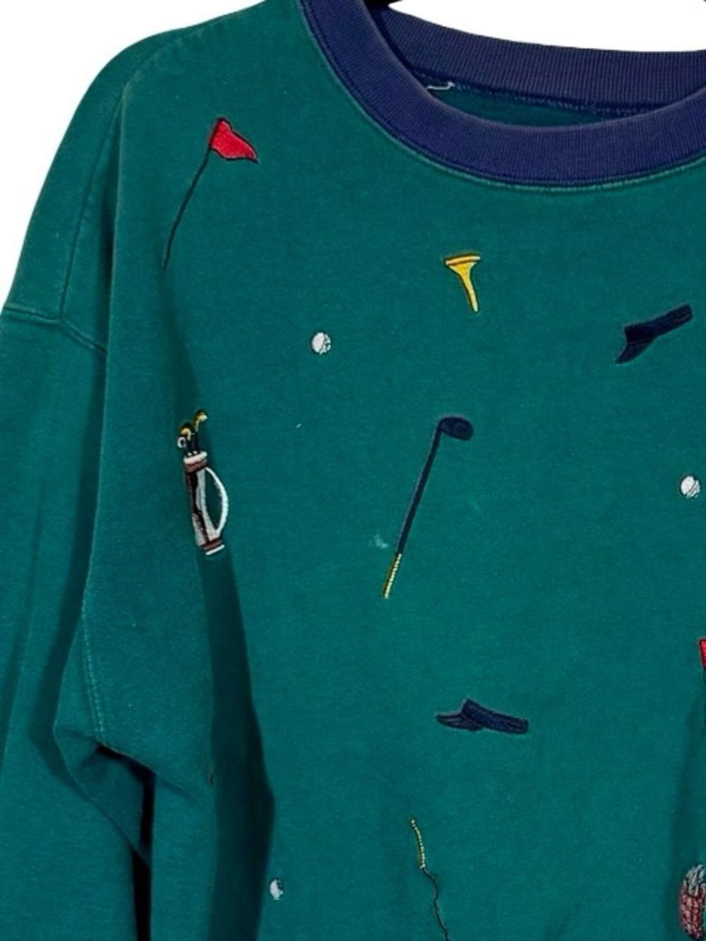 Vintage 80s All Over Embroidered Golf Oversized Sweatshirt Forest Green - Picture 5 of 6
